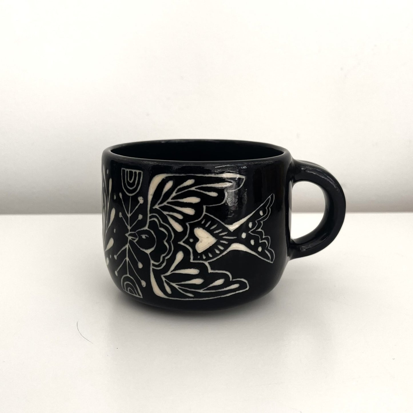 White and Black Sgraffito Mug