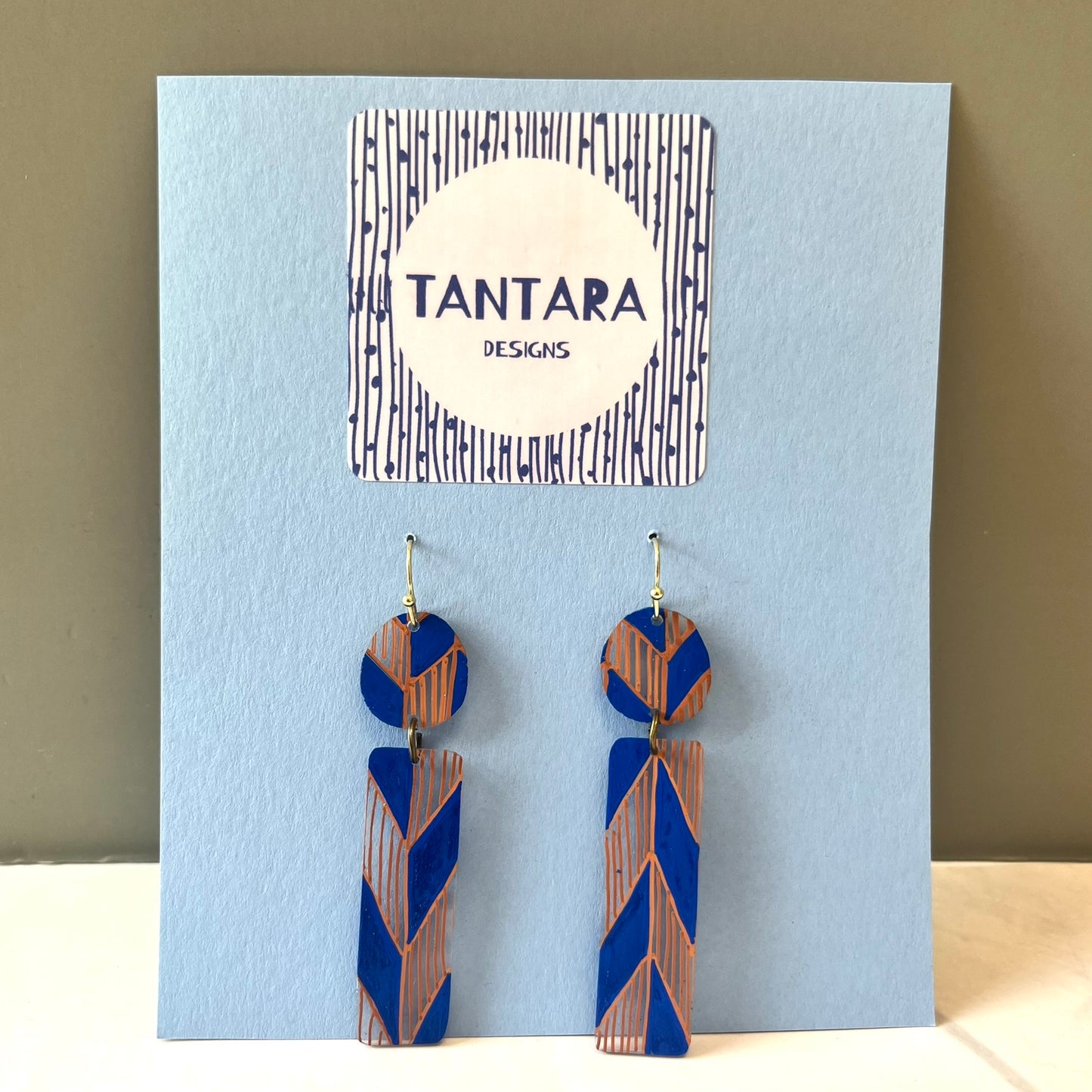 Blue and Brown Herringbone Geometric Earrings l Tantara Designs