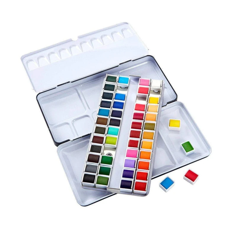 Watercolor Half Pans in Metal Box - 48 Colors & Water Brush Pen