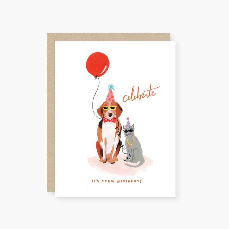 Dog and Cat Celebrate Birthday Card