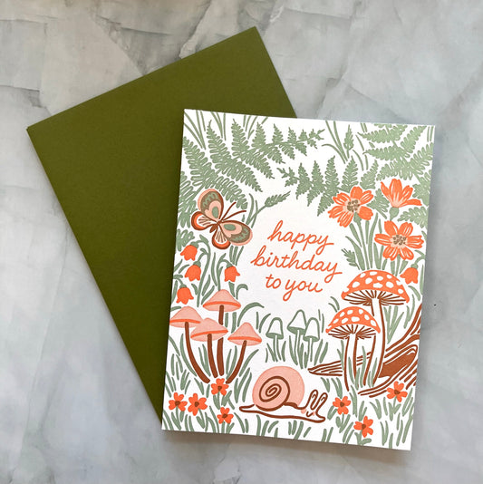 Birthday Card - garden snail and mushrooms