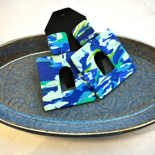 Blue Multicolor Square Earrings