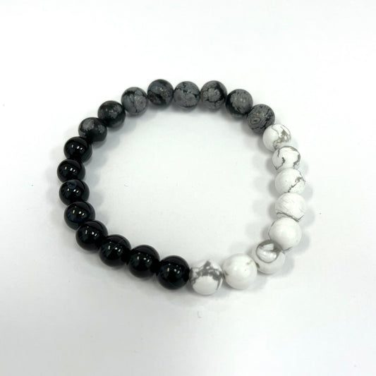 Beaded Bracelet - snowflake obsidian, howlite, and black sardonyx