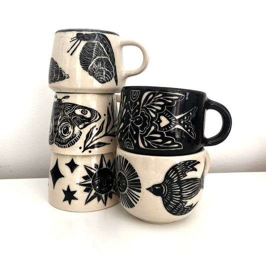 White and Black Sgraffito Mug