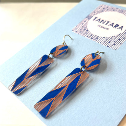 Blue and Brown Herringbone Geometric Earrings l Tantara Designs