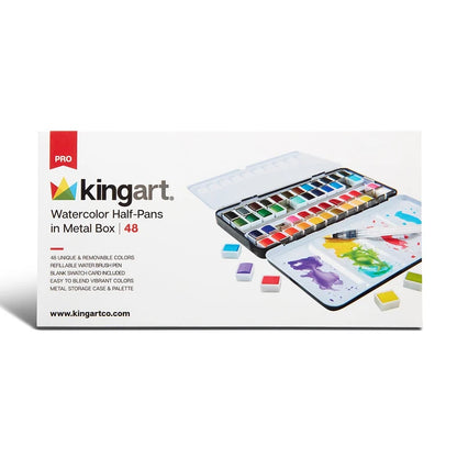 Watercolor Half Pans in Metal Box - 48 Colors & Water Brush Pen