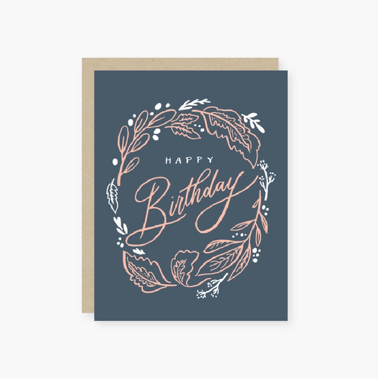 Birthday Card - Gray with Pink Wreath