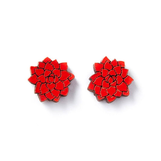 Wooden Earrings - Red Flower Studs